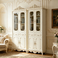 Bibliothèque de luxe européenne, vitrine en bois massif sculpté à la main, armoire de rangement avec portes en verre crème, mobilier de bureau à domicile, vente en gros