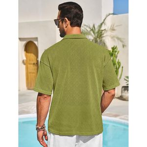2025 Men's Casual Knit Button Down <b>Shirt</b> Cuban Collar Short Sleeve Summer Beach Hollow Out Tops in XL Size ODM Supply - Product Image 4