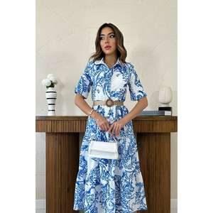 Robe de luxe bleue brodée avec manches à lacets, motif floral et uni en denim, longueur genou, automne (du XS au XL) - Product Image 2