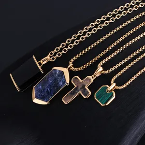 Black Onyx Male Hexagon Malachite Raw Flat Gemstone Gold Square Stone Agate Jade Slice Choker Turquoise Y Pendant Necklace