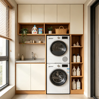 Meuble de buanderie moderne sur mesure pour salle de bain et balcon, avec lave-linge et sèche-linge superposés, sans poignée, en bois clair, étagère ouverte, quartz gris