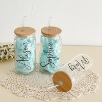Gelas Kopi Dingin Personal 12oz 16oz 20oz, Gelas Bir Kaca, Tumbler Kaca Borosilikat Custom Motif Bunga dengan Tutup dan Sedotan