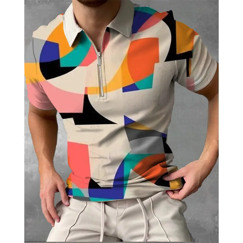 2022 Men's Abstract Print Casual short sleeve Zip-up Polo shirt