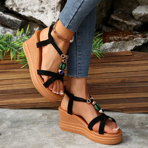 Sandalias de cuña con cuentas y punta abierta para mujer, suela gruesa, elásticas, estilo romano, novedad de verano - Product Image 3