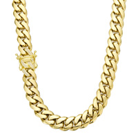 Chaîne cubaine plate en acier inoxydable plaqué or PVD 14K de 14 mm, fermoir serti de CZ, anti-ternissement, bijoux hip-hop pour hommes