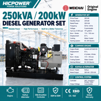 Groupe électrogène diesel industriel Cummins 6LTAA8.9-G2 de 200 kW 250 kVA à châssis ouvert, norme Stage V, pour usine, exploitation minière, OEM, ODM, vente en gros