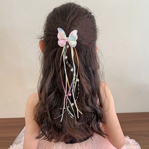 Pince à cheveux populaire faite à la main en tissu, avec pampilles papillon colorées super féériques, nœud perlé pour petite princesse, épingle à cheveux pour enfants - Product Image 3