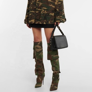 Camouflage Women's Thin Heel Pockets Knee-high Boots Pointed Toe Wide Fit Long Booties Fashion Stiletto <b>Shoes</b> - Product Image 2