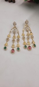 Luxury gold-plated chandelier <b>earrings</b> feature layered design with Polki diamonds green <b>emeralds</b> and pink rubies set - Product Image 2
