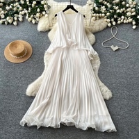Robe longue décontractée 2026, robe française douce sans manches, plissée, élégante, pour femme, taille plus, imprimée, pour le bureau, vente en gros