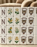 Ubin Mahjong Akrilik Amerika 4 Lapis Motif Leopard Mewah dengan Lapisan Emas Berkilau & Wajah Hewan Lucu Terukir