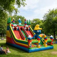 Structure gonflable à thème avec double toboggan, aire de jeux d'aventure pour enfants, village bleu, château gonflable multicolore pour fêtes et usage commercial
