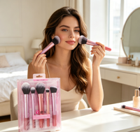 Lot de 5 pinceaux de maquillage pour le visage et les joues Sweet Rose, étui transparent, kit professionnel de pinceaux pour poudre, blush et fard à paupières pour femmes