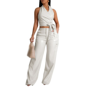 <b>Sexy</b> PU Leather Sleeveless Halter Top Leather Pants Ladies Two Piece <b>Set</b> Fashion - Product Image 3