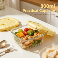 Conteneur alimentaire carré en verre borosilicate de 800 ml avec couvercle jaune à fermeture hermétique, compatible micro-ondes, pour la préparation des repas