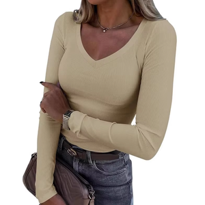 Nouveau <span class=keywords><strong>T</strong></span>-<span class=keywords><strong>shirt</strong></span> sexy pour <span class=keywords><strong>femme</strong></span>, style décontracté européen/américain, en maille côtelée douce, coupe ajustée, couleur unie, <span class=keywords><strong>manches</strong></span> <span class=keywords><strong>longues</strong></span>, collection printemps, transfrontalier - Product Image 3