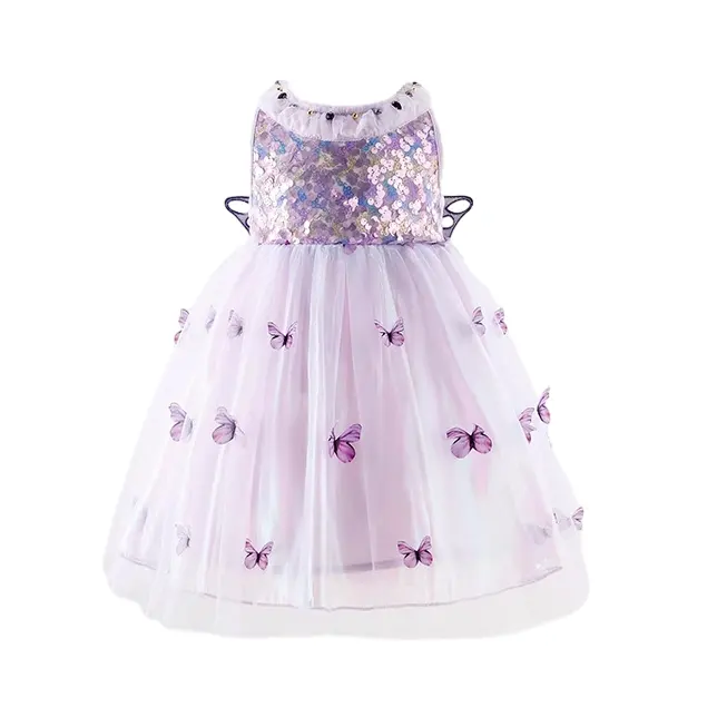 2024 verano nuevo diseño púrpura mariposa lindos vestidos para niñas sin mangas tul lentejuelas princesa vestidos para niños