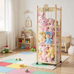 Torre di stoccaggio di animali imbottiti in legno Premium-organizzatore di giocattoli di peluche da 56 pollici con ruote, divisori elastici per sala giochi - Product Image 4