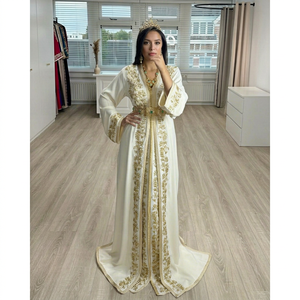 Elegant White Embroidered Loose <b>Abaya</b> Gold Floral Pattern Floor Length V Neck Long Sleeve Breathable Middle East <b>Wedding</b> Women - Product Image 1