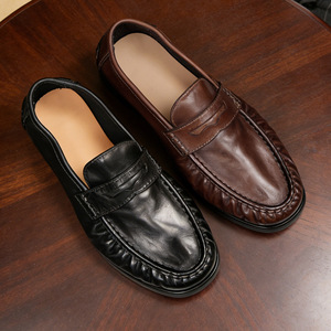 Mocasines de cuero genuino para hombre, punta redonda, sin cordones, suela de goma, para todas las estaciones, zapatos casuales de negocios - Product Image 2