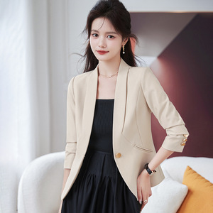 Women's Blazer Beige Solid Color Polyester Worsted Breathable Spring Autumn Casual Fit - Product Image 1