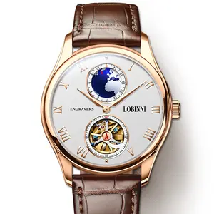 洛宾尼男士皮革地球仪世界地图手表时尚奢华连衣裙机械表