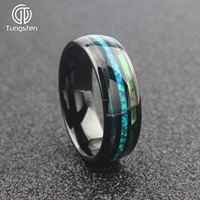 Bague en tungstène noire bombée de 8 mm avec incrustation de coquille d'opale bleue et d'abalone, tendance, pour homme, femme, unisexe, alliance de mariage