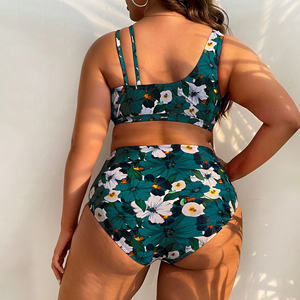 OEM de talla grande Sexy Color sólido estampados cuello en V Cruz arrugas Halter dos piezas Bikini ropa de playa traje de baño mujeres traje de baño de alta cintura - Product Image 2