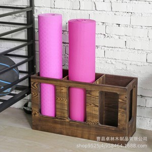 Cross-border <b>wall</b>-<b>mounted</b> floor storage wooden <b>shelf</b>, retro dark brown wood, gym workout yoga mat holder - Product Image 1