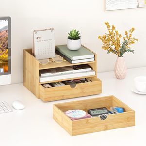 Office Organizer Wooden Desktop Storage <b>Box</b> With Drawers Multi Level <b>File</b> Rack Bookshelf Rectangle Standing Type - Product Image 3