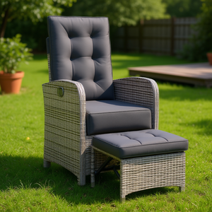 Chaise de patio inclinable en polyrotin gris avec repose-pieds, mobilier de jardin extérieur, style contemporain - Product Image 2