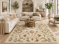 Tapis en laine tufté à la main à motif floral, tapis botanique ivoire beige pour salon, tailles personnalisées