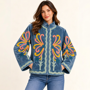 <b>Women</b> Handmade Knitted <b>Velvet</b> Butterfly Embroidery Breathable Long Sleeve Stand Collar Winter Bomber <b>Jacket</b> - Product Image 1