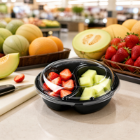 Bol à fruits en PET noir à 2 compartiments avec couvercle transparent à clipser pour la présentation de fraises et melons en supermarché, emballage en gros pour produits frais