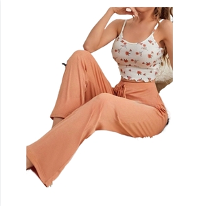 Ensemble <span class=keywords><strong>de</strong></span> pyjama pour femme, décontracté, en coton mélangé, à motif côtelé, à séchage rapide, taille élastique, sans manches, longueur totale, pour la saison <span class=keywords><strong>de</strong></span> printemps - Product Image 3