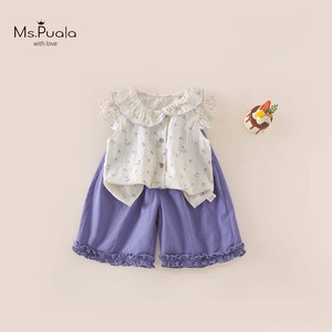 Vente en gros de blouses à volants avec logo personnalisé, imprimé floral, shorts, ensembles de vêtements pour bébés et fillettes en coton, 2 pièces, été, 6 <span class=keywords><strong>mois</strong></span> à 5 ans - Product Image 2