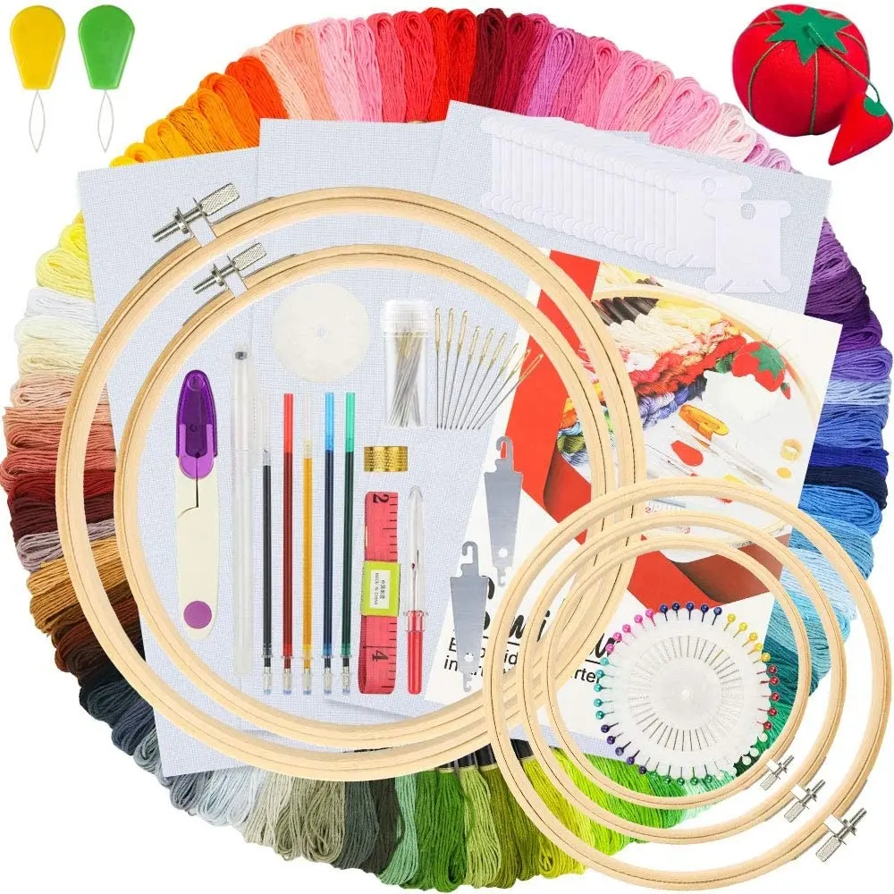 215 PCS DIY Embroidery Starter Kit Bamboo Embroidery Hoops Cross Stitch Tool Kits for Beginners