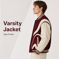 Blouson universitaire streetwear bordeaux surdimensionné en molleton épais avec logo personnalisé, appliqué en tissu éponge, manches contrastantes en cuir et bordure côtelée rayée