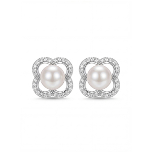 ต่างหูมุกขาวประดับเพชร CZ รูปใบโคลเวอร์สี่แฉกชุบเงินทองแดงสำหรับผู้หญิง ต่างหูรูปดอกไม้มงคลประดับเพชรซิร์คอนและมุก ของขวัญเครื่องประดับ - Product Image 1