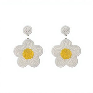 White Flower Handmade Embroidered Beaded Earrings for Women Patriotic Memorial Day Orange White Blue Fabric Material - Product Image 1