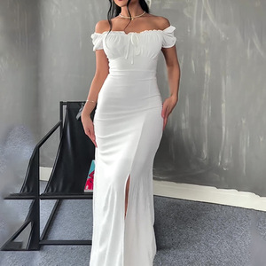 2025 verano Europeo Americano Casual vestido para <span class=keywords><strong>mujer</strong></span> sin tirantes corbata Puff manga Slit Bodycon largo viscosa vestido transfronterizo - Product Image 6