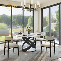 Moderner Beiger Marmor Runder Esstisch mit Lazy Susan Drehplatte Eisenrahmen Metallbeine 6-Sitzer für Heim- und Restaurantnutzung