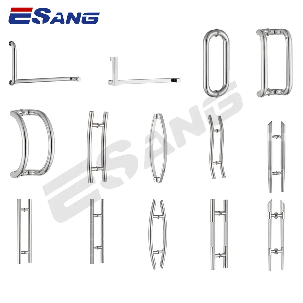 ESANG diskon besar dua sisi kaca pegangan pintu baja tahan karat dipoles perlengkapan kamar mandi tipe H pegangan tarik geser