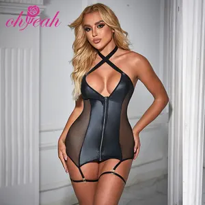 Conjunto de lencería de cuero PU de malla negra, Mono de dos piezas, Teddy Wet Look, ceñido al cuerpo, liguero, lencería Sexy romántica