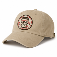 Casquette Dad Cap en coton lavé à calotte souple, avec broderie plate motif Café, pour commande en gros, emballage de détail pour les acheteurs de cadeaux de boulangerie, avec étiquette personnalisée