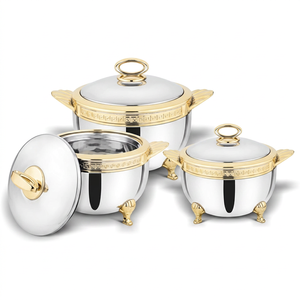 Ensemble de casseroles modernes de luxe en acier inoxydable avec revêtement émaillé et accents dorés, design rond pour cuisinières à gaz et à induction - Product Image 1
