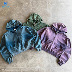 เสื้อมีฮู้ดแบบซิปรูดผ้าคอตตอนผ้าเทอร์รี่ผ้าเกล็ดปลามี500ฉีกแบบกำหนดเองแนวสตรีท - Product Image 5