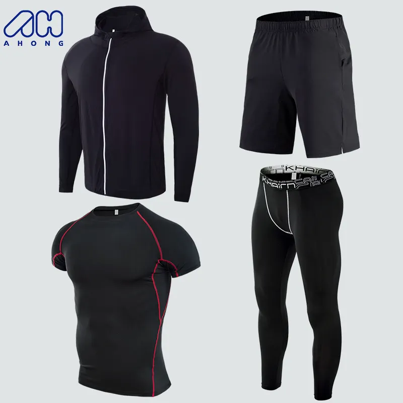 New Coming Men Gym Muscle Sports Suits 4 Pcs Sets Quick-drying Running Sports Jacket And Pants Men's Fitness Clothes Suits
