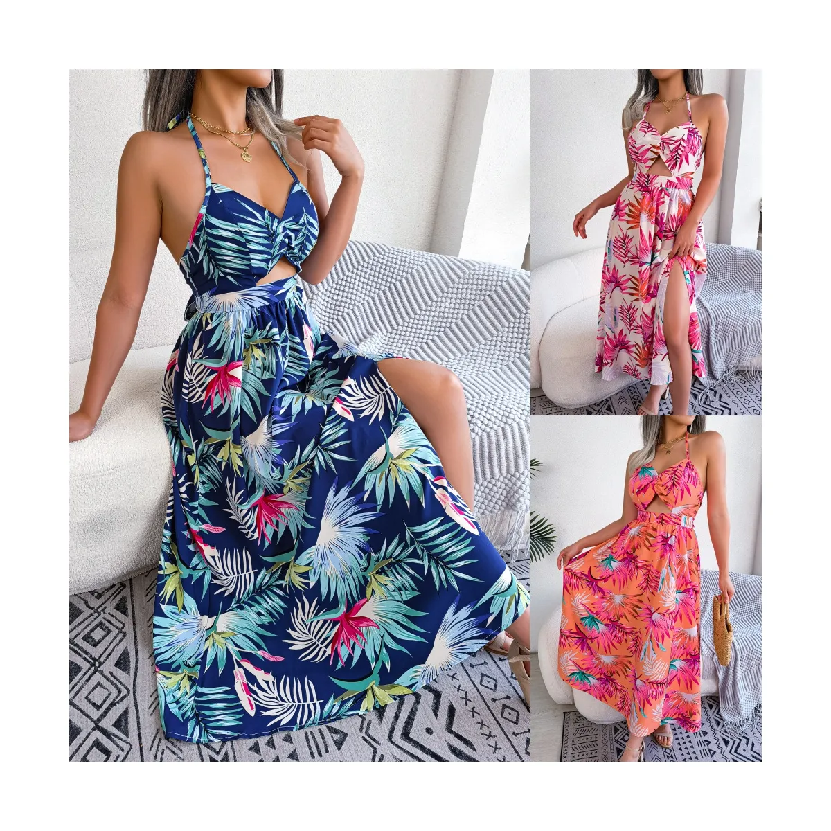 Gaun pantai Bohemian wanita, gaun pantai musim panas motif bunga, Gaun kasual motif bunga Boho Vintage untuk wanita