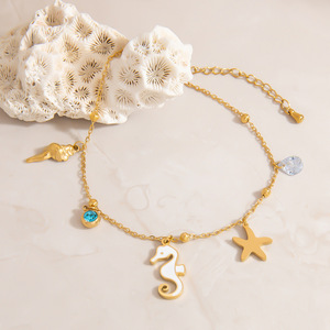 Chaîne de cheville en acier inoxydable avec perles, couleur or 18 carats, pour femme, thème océan, breloque animale, style estival - Product Image 2
